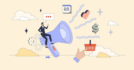 Promotional campaign ideas with effective ads tiny person neubrutalism concept. Creative online marketing and advertisements with offers for customer engagement and satisfaction vector illustration.のイラスト素材