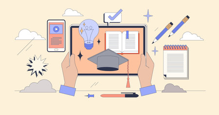 Modern education and digital learning tiny person neubrutalism concept. Online knowledge courses...