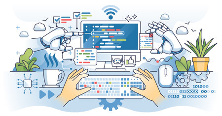 AI for coding and software developing automation outline hands concept. Artificial intelligence help...
