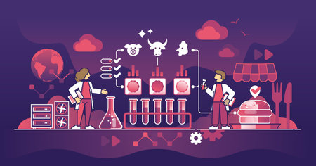 Lab-grown meat and cellular agriculture depicted with scientists, test tubes, and meat icons. Dark...