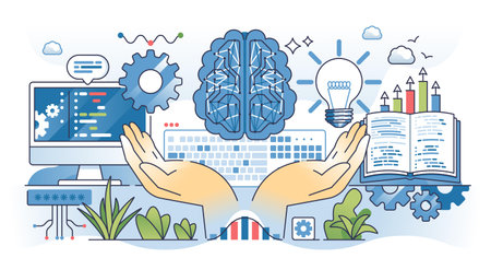 AI for beginners concept shows hands holding digital brain, computer, and light bulb. Outline hands...