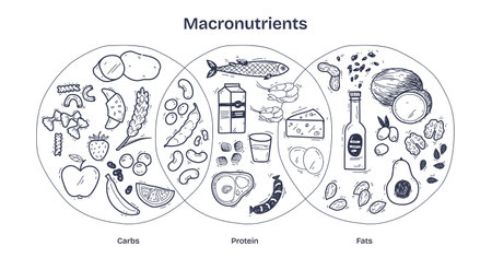 Macronutrients-Doodle-Diagram shows carbs, proteins, and fats with food icons like bread, fish, and avocado. Diagramのイラスト素材