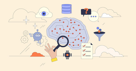Generative AI concept with brain, magnifying glass, and checklist. Neubrutalism styleのイラスト素材
