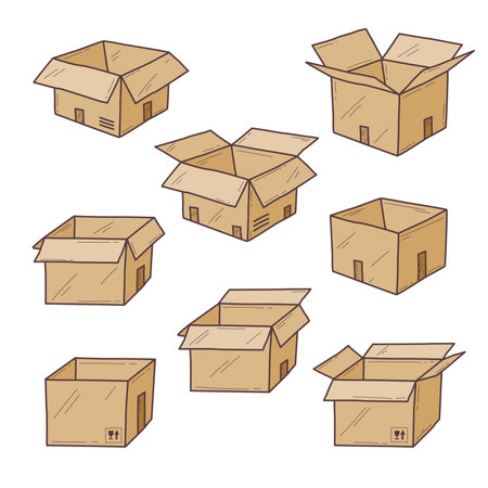 Cardboard boxes in various open and closed states convey storage and shipping concepts. Doodle styleのイラスト素材