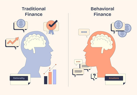 Traditional vs Behavioral Finance, Rationality vs Emotions depicted with brain icons and charts. Neubrutalism style diagram.のイラスト素材