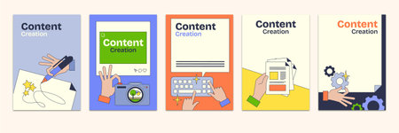 Content creation visuals with hands, tools, and text highlight creative process. Neubrutalism style.のイラスト素材