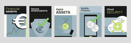 Digital wealth management is depicted with coins, graphs, and shields, symbolizing security and growth. Neubrutalism styleのイラスト素材