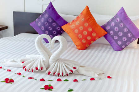 Swans origami bedding  at the hotelの写真素材