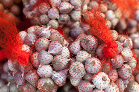 Garlic in red net at the crocery for sellの写真素材