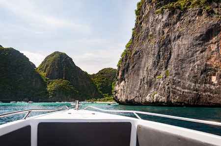 View of Maya Bay from the boat in a low season, Phi Phi island, Thailandの写真素材