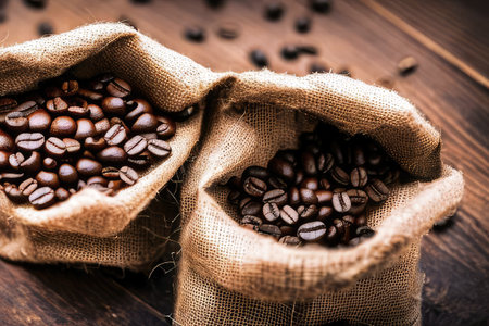 Coffee beans in a jute bag, generated image with artificial intelligenceの素材