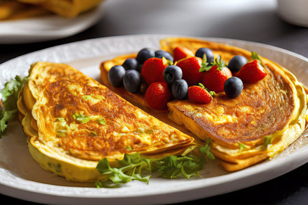Egg omelette with fresh fruit, generated by artificial intelligenceの素材
