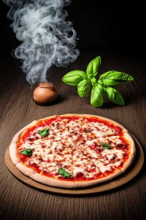 Pizza on a wooden table, generated by artificial intelligenceの素材
