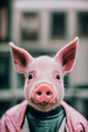 human body with pig head, animal human hybrid, generated by artificial intelligenceの素材