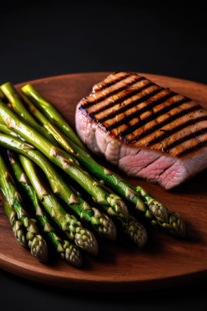 pork fillet with green asparagus, generated by artificial intelligenceの素材