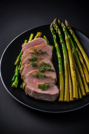 pork fillet with green asparagus, generated by artificial intelligenceの素材