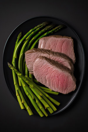 lamb fillet with green asparagus, generated by artificial intelligenceの素材