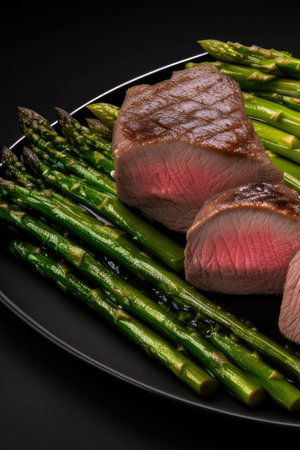 lamb fillet with green asparagus, generated by artificial intelligenceの素材