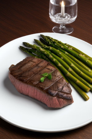 lamb fillet with green asparagus, generated by artificial intelligenceの素材