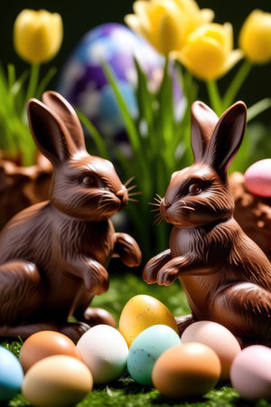 chocolate easter bunny and colored eggs, generated by artificial intelligenceの素材