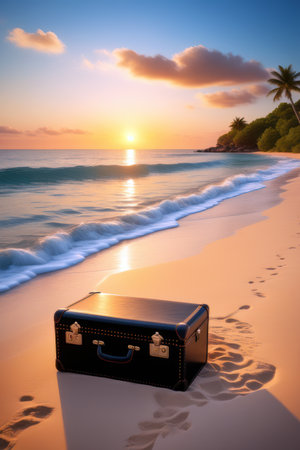 suitcase on the beach, generated by artificial intelligenceの素材