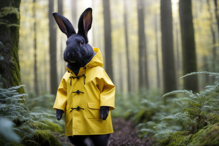 black rabbit in a yellow mackintosh, generated by artificial intelligenceの素材