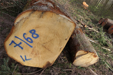 cut down and stored tree trunkの写真素材