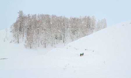 Snowboarders on the slope of a mountain in the winter.の写真素材