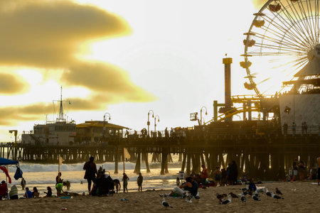 Unidentified people on the pier at sunset in San Diego, California.の写真素材