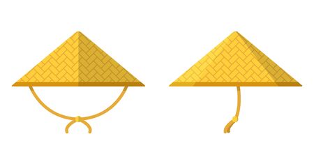 Asian conical straw hat isolated on white background. Front and side view. Vector illustration in flat design.のイラスト素材