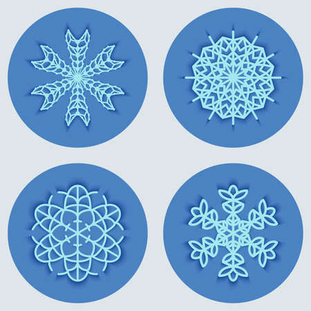 Set of snowflakes isolated on colored background. Flat snowflakes with shadow. Vector illustration created using the Blend Tool.のイラスト素材