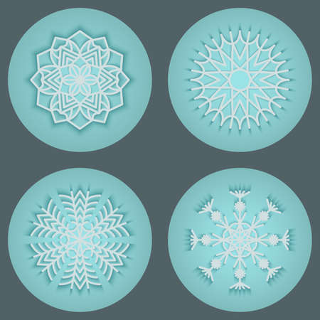 Set of snowflakes isolated on colored background. Flat snowflakes with shadow. Vector illustration created using the Blend Tool.のイラスト素材