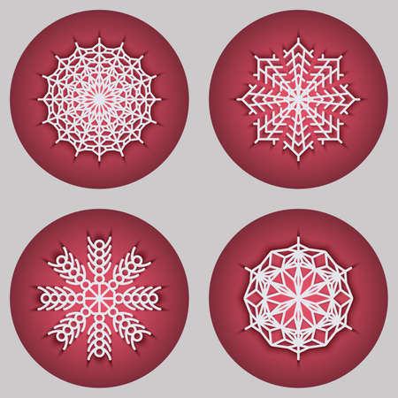 Set of snowflakes isolated on colored background. Flat snowflakes with shadow. Vector illustration created using the Blend Tool.のイラスト素材