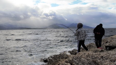 Fishing on Lofoten in a stormの写真素材