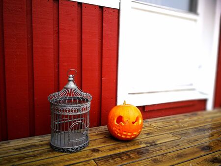traditional swedish house pumpkin dekoration in Halloweenの写真素材