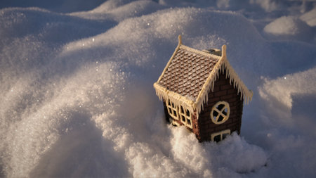 chocolate house on a snow, decoration in a Christmas nightの写真素材