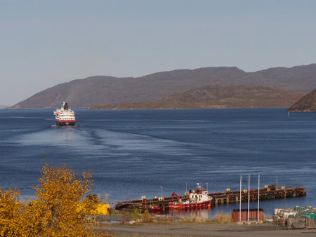 Hurtigruten coastal vessel in Norway. A daily passenger and freight shipping service along Norway's...