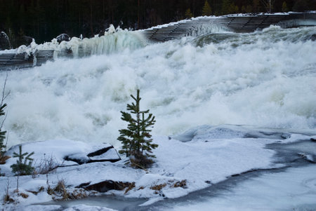 Magic winter waterfall Storforsen, North of Sweden in winterの写真素材