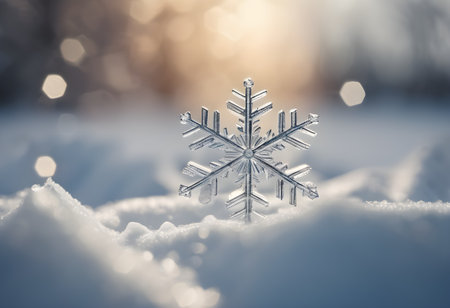 Snowflake in the snow with bokeh effect. Winter backgroundの素材