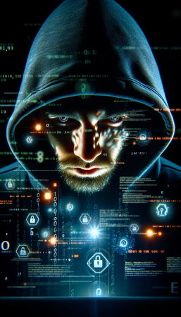 Computer hacker in hoodie. Data thief, internet fraud, cyber security concept.の素材