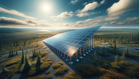 Solar panels in the field, 3d render. Computer digital image.の素材