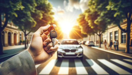 Hand holding car keys on the background of the city. The concept of buying a new car.の素材