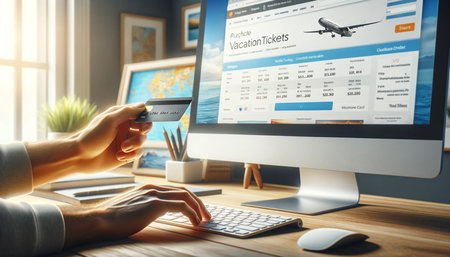 Man using credit card and computer for online shopping. Online shopping conceptの素材