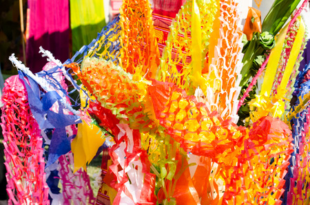 Many colored paper decoration used in Thai templesの写真素材
