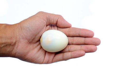 Photo of hand hold the peeled boiled egg