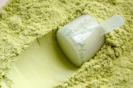 Close up a scoop of green tea flavor whey proteinの写真素材