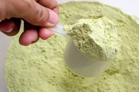 Close up a scoop of green tea flavor whey proteinの写真素材