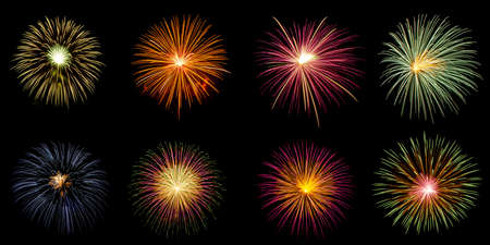 Group of explosion of fireworks on black backgroundの写真素材