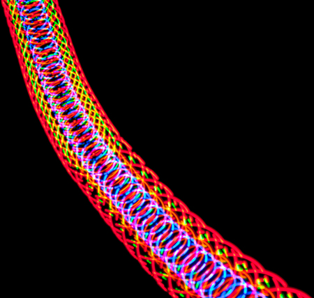 A tube of bright neon lights sliding down in the dark
