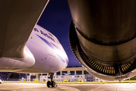 A closeup view of a huge aircraft engine.のeditorial素材
